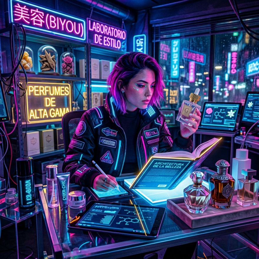 Woman examining a cosmetic serum in a neon-lit beauty laboratory