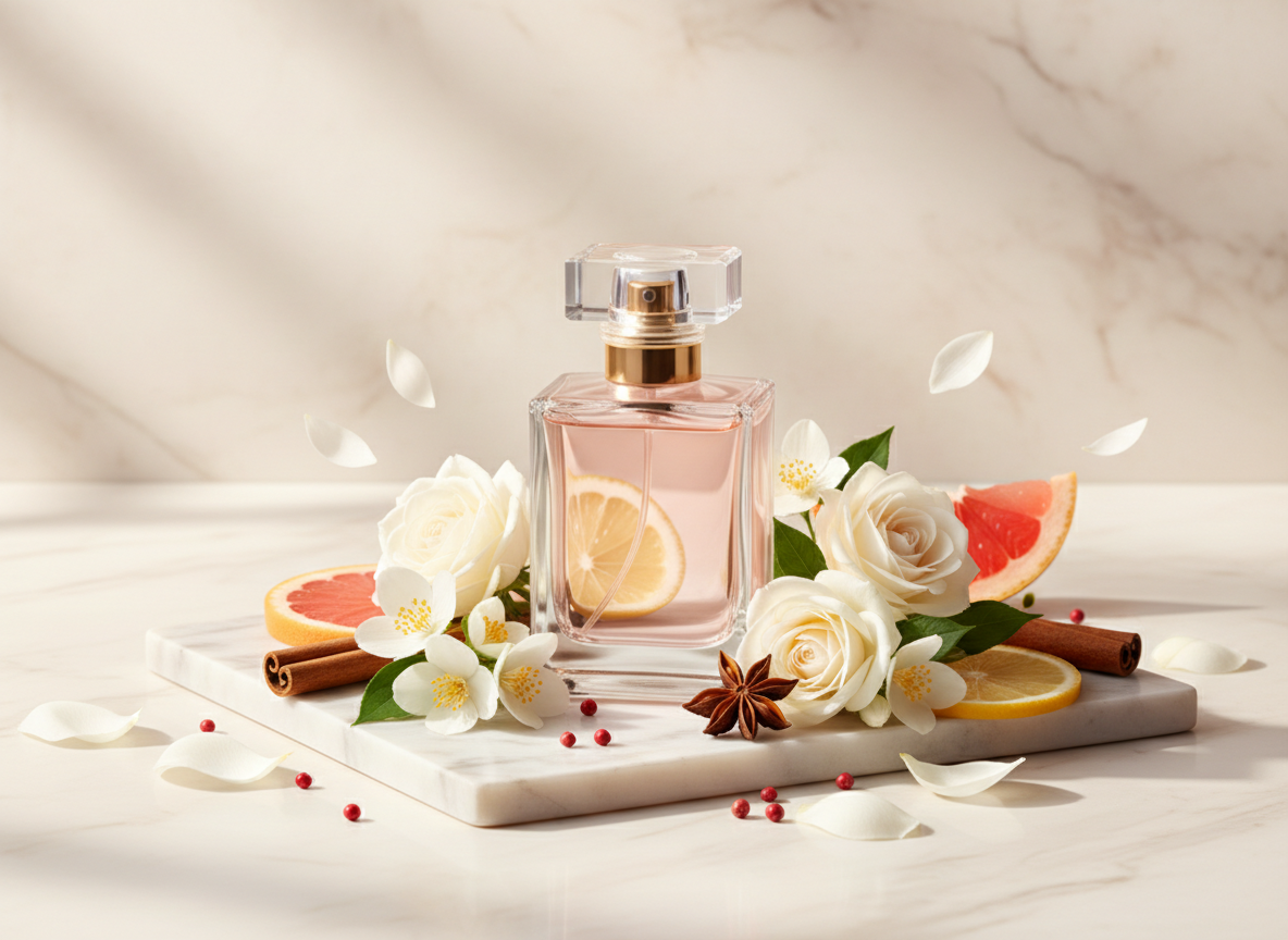Frasco de perfume sobre mármol claro, rodeado de flores blancas, pétalos, cítricos y especias, en una atmósfera elegante de alta perfumería