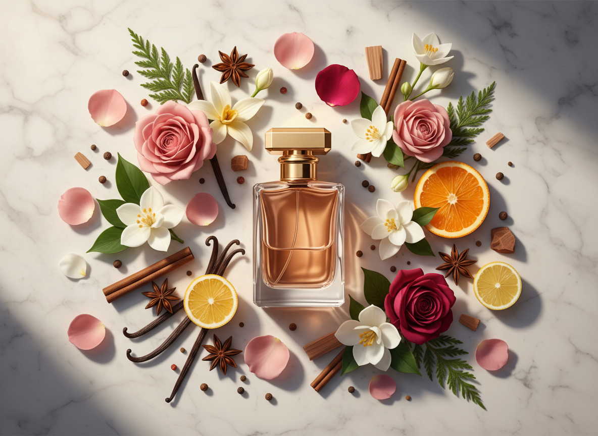Composición de alta perfumería con frasco elegante, pétalos de rosa, flores blancas, vainilla, cítricos, especias y maderas sobre mármol claro