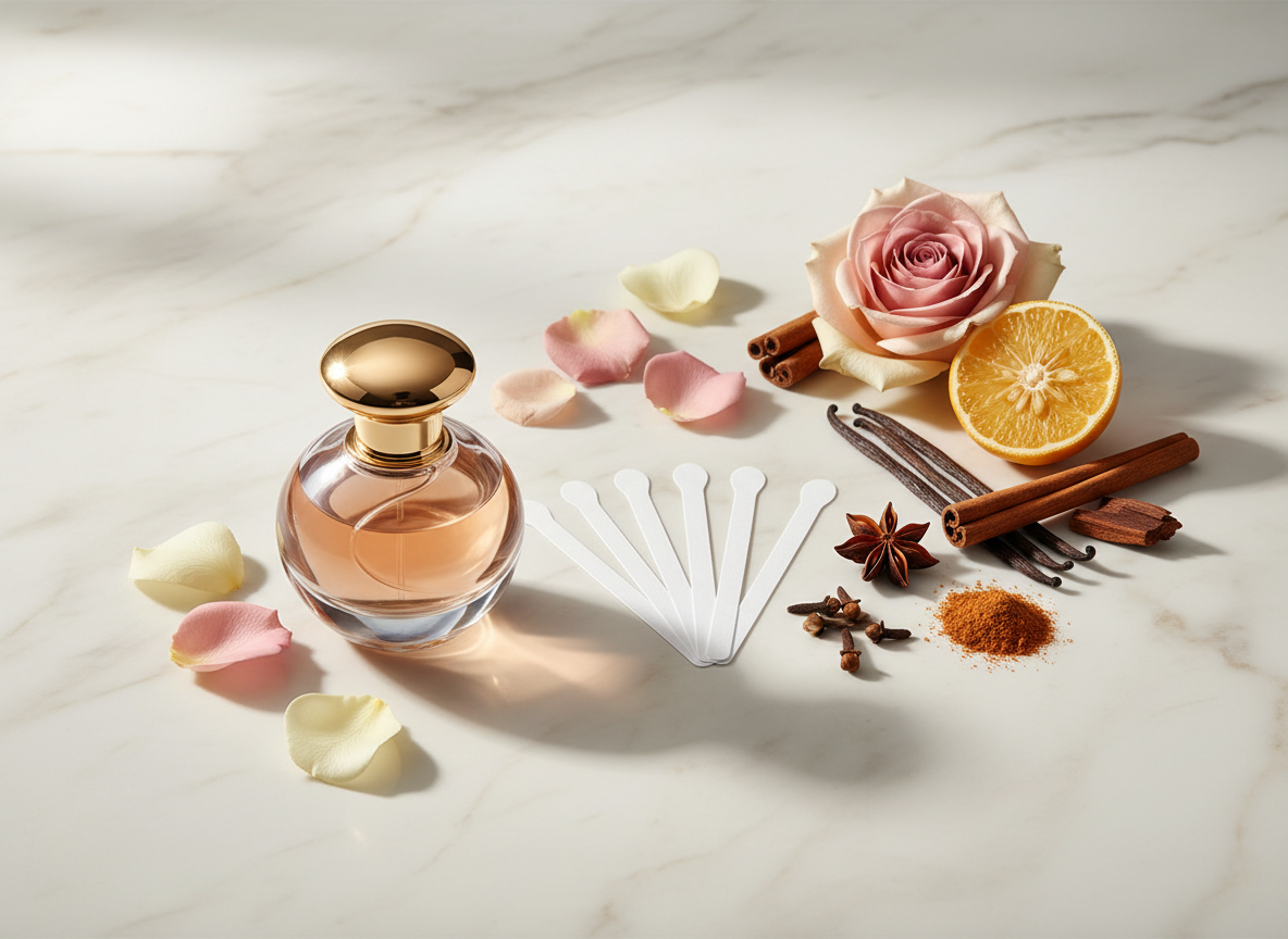 Ilustración editorial de un frasco de perfume junto a tiras olfativas, pétalos de rosa, bergamota, vainilla, madera y especias sobre mármol claro